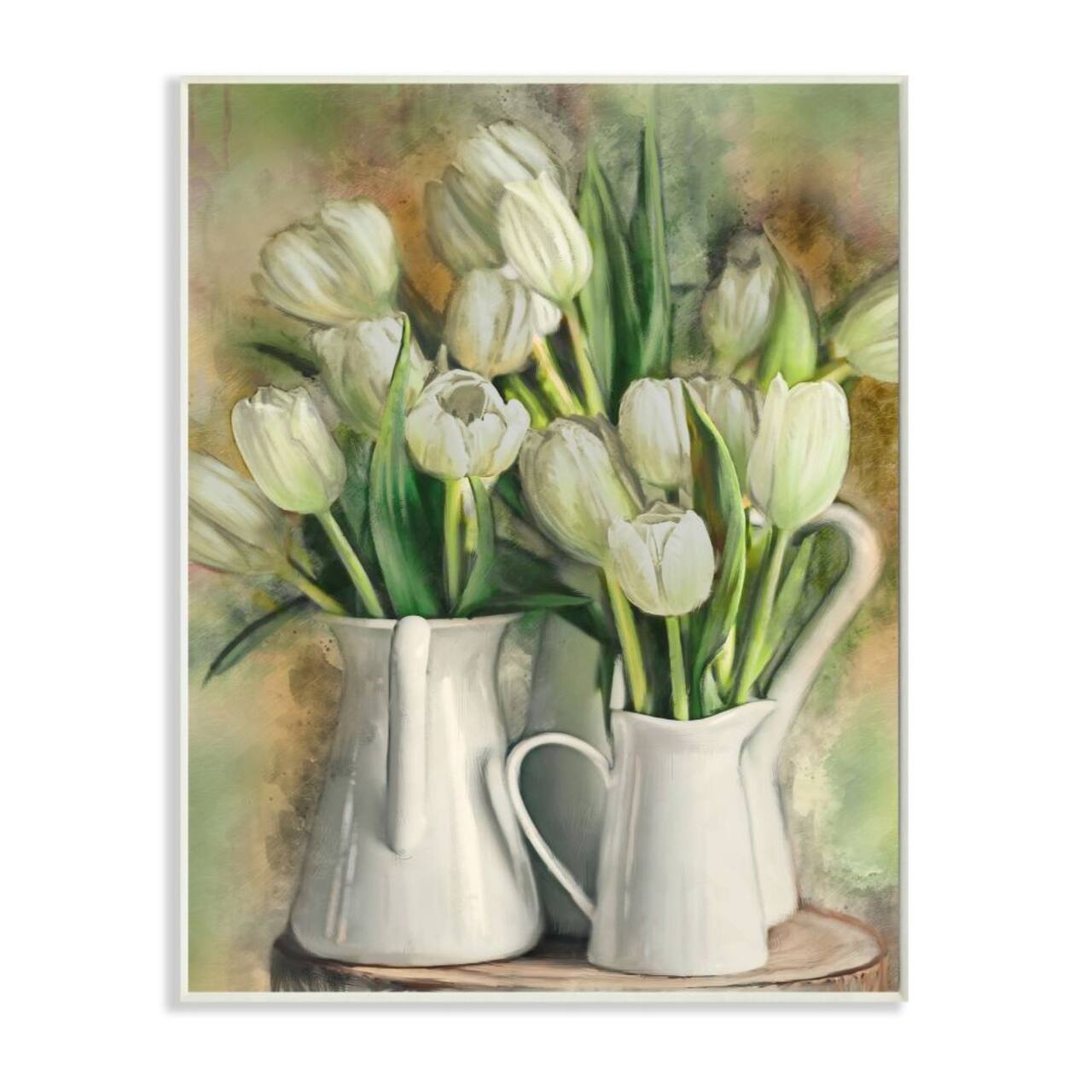 Stupell Industries White Tulips in Pitchers Wooden Wall Plaque